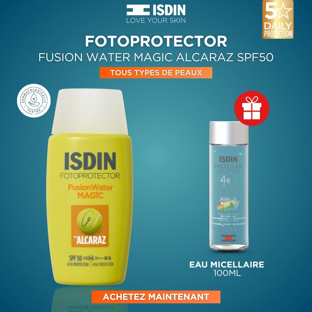 ISDIN Fusion Water Magic Alcaraz SPF50 Solaire Ultra-Légère Hydratante = Eau Micellaire Offerte