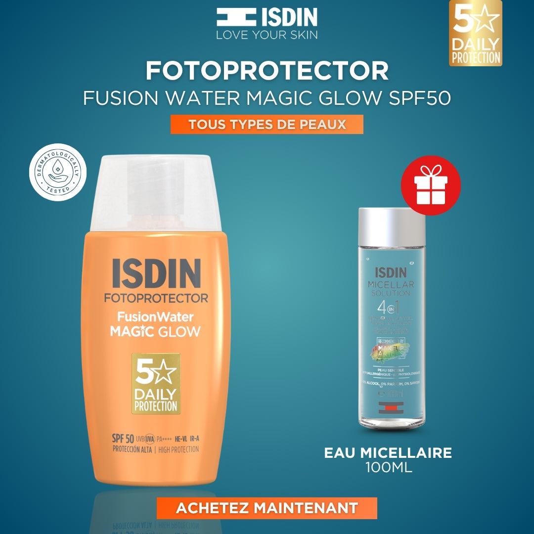 ISDIN Fotoprotecteur Fusion Water Magic Glow SPF50+ 50ml Protection Solaire Éclat Hydratante Bonne Mine Invisible = Eau Micellaire 100ml Offert